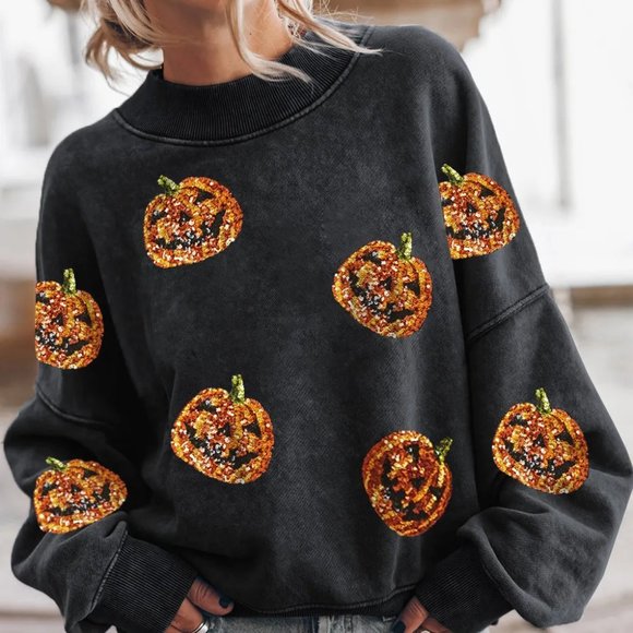 Nooklia Tops - Black Sequined Halloween Pumpkin Relaxed Sweatshirt